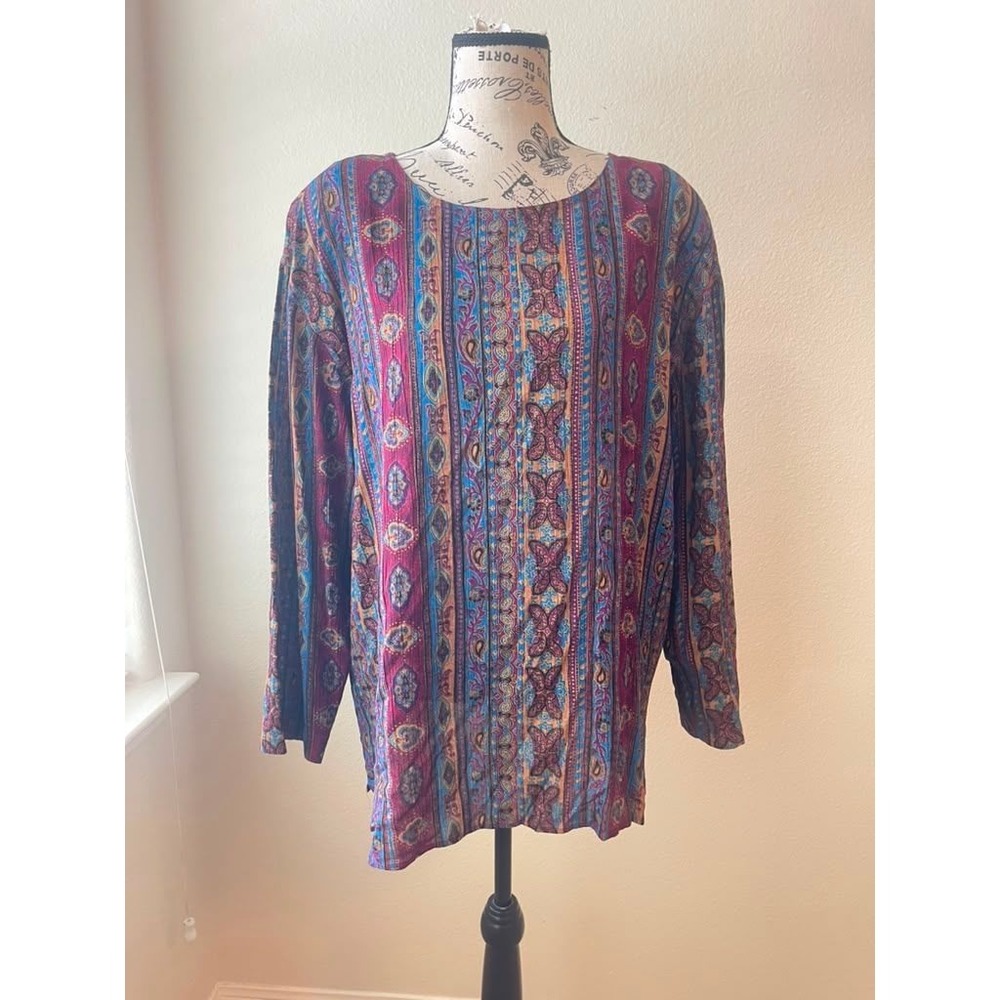 Leslie Fay Vintage 90s Paisley Stripe Rayon Tunic Blouse Top Multicolor Size‎ 12